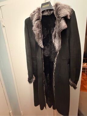 Long Black Shearling Pea Coat with Gray Fur Trim
